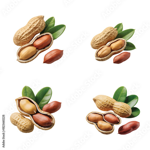 Fresh peanut pod with detailed kernels and green leaves organic food vector