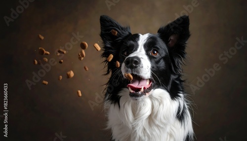 A black and white dog catches treats mid-air, with a brown textured background