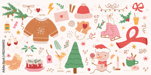 winter pattern, cute illustration.  tree, stars, dots, snow, simple  design. hand drawn doodles are isolated on a pink background. A trend concept for print, banner, social network, poster. vector art