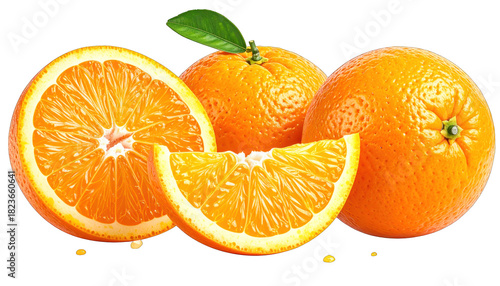 Group of fresh oranges whole, sliced, and a juicy wedge, vibrant color