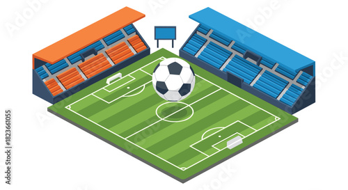 Isometric soccer stadium with a dynamic football, perfect for sports designs, event promotions, and exciting game day campaigns