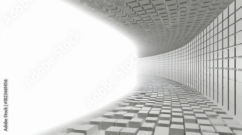Fototapeta Naklejka Na Ścianę i Meble -  An abstract 3D render of a curved tunnel with a floor and ceiling made of grey cubes, leading to a bright white light source. The scene has a futuristic and min