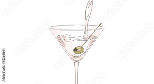 Elegant martini cocktail with olive garnish being poured, perfect for stylish bar promotions or sophisticated event invites with modern flair