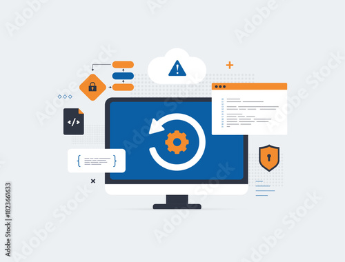 Reverse engineering code analysis security threat detection capturing code tampering patterns inside modern software builds with clear focus on risk behavior and tool action. Vector illustration