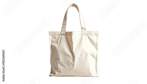 Beige cotton tote bag with handles on black background, soft texture visible