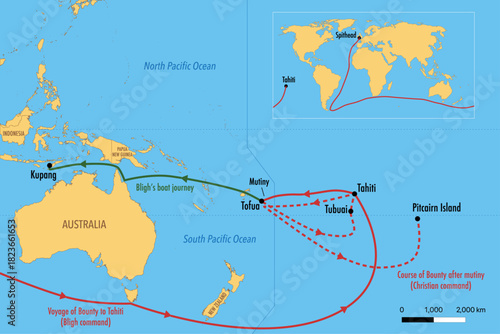 Voyage of HMS Bounty with Mutiny Route and Captain Bligh’s Journey – Historical Map Illustration