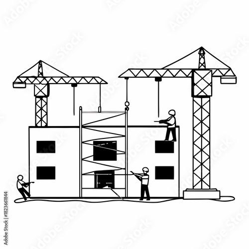  Construction Site with Workers and Cranes Line Art Vector