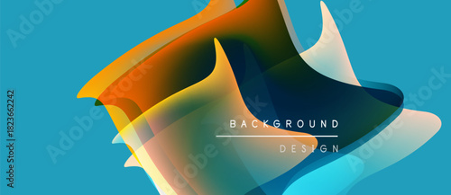 Abstract shapes overlap, creating vibrant gradients. Blue backdrop complements orange, yellow, white forms. Modern design element.