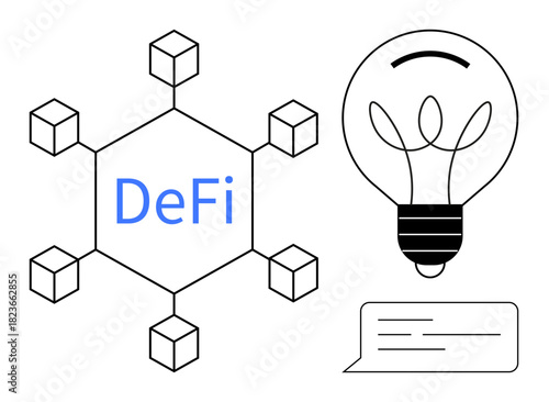Blockchain network with cubes around a central DeFi label, lightbulb symbolizing new ideas, speech bubble suggesting dialogue. Ideal for cryptocurrency, finance, technology, innovation