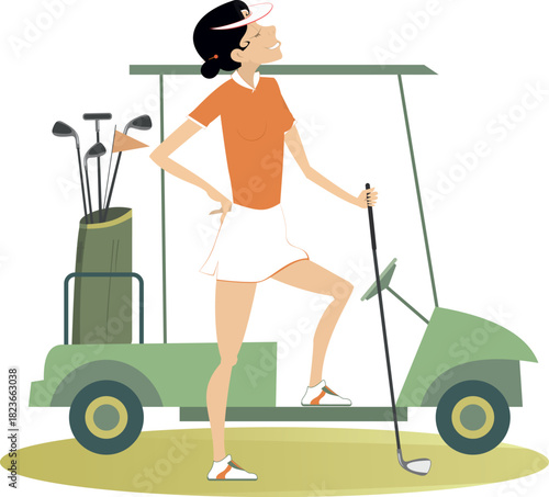 Golf cart. Golfer woman on the golf course
