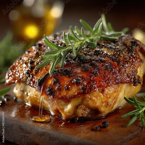 Crispy roast chicken quarter with glistening juices and char marks under warm moody light — high-detail food close-up