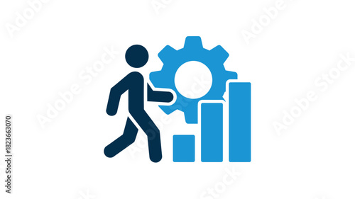Stick figure climbing graph with gear flat vector icon for business process and career growth isolated on white background