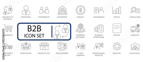 B2B and Business Operations line icon set. Covers Partnership, Consulting, Finance, Logistics, and Procurement for corporate and industrial