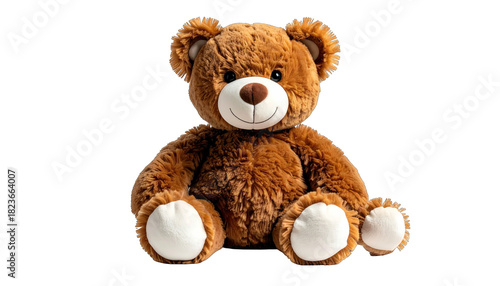 A friendly, fluffy, brown teddy bear sitting against a black background