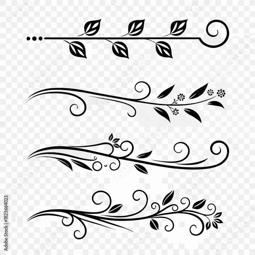 Elegant Ornament Collection: An exquisite assortment of black, swirling, stylized ornament designs, capturing the essence of refined grace and artistic charm.	