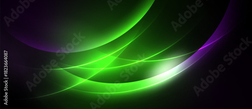 Abstract design features vibrant green, purple curves against black background. Smooth lines create dynamic, flowing composition.