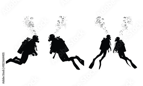 Scuba divers group silhouette underwater with oxygen bubbles