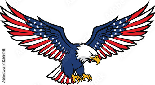 Majestic American eagle with patriotic flag wings soaring powerfully for freedom and independence day celebrations on the 4th of July
