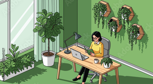 Woman enjoying a peaceful reading break in her vibrant, plant-filled home office, creating a serene and inspiring workspace for creatives