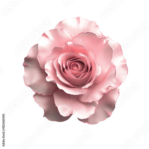 Single pastel pink rose bloom with subtle pastel gradient petals, perfectly centered, isolated on white background, elegant botanical stock photography