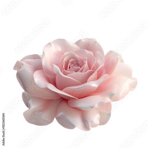 Close-up of a single pastel pink rose bloom with delicate soft petals, centered, isolated on white background, modern minimalist floral stock photography