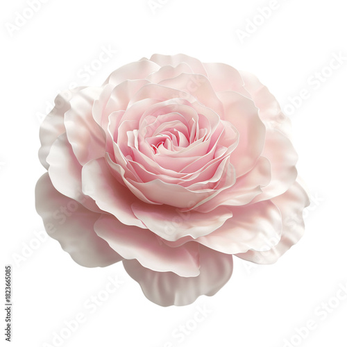 Single pastel pink rose bloom with soft petals, perfectly centered, isolated on pure white background, minimalist floral stock photography