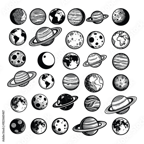 Collection of celestial bodies, including Earth, Moon, and ringed planets, in a detailed engraving style