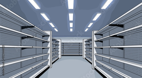 Empty supermarket shelves ready for restocking during challenging economic times with overhead lighting and clean aisles offering opportunities