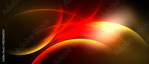 Abstract design features flowing curves, vibrant reds, golds. Light radiates from central point, creating dynamic visual effect.
