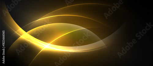 Abstract golden lines create dynamic curves. Dark background emphasizes bright illumination, suggesting energy, motion, elegance.
