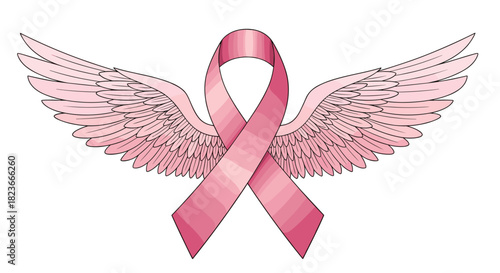 A pink breast cancer awareness ribbon with angel wings design, a powerful symbol of hope, courage, and strength for survivors