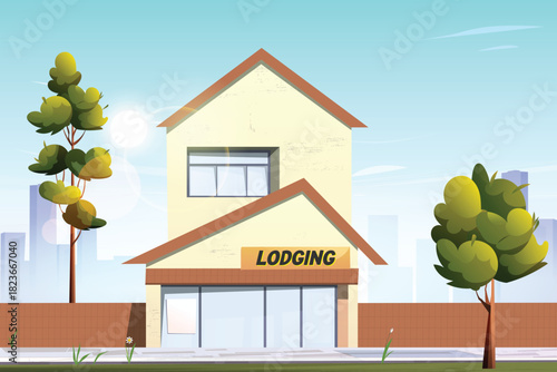 Urban landscape with hotels and green trees. Cartoon style