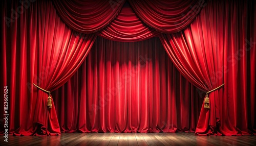 Vivid red theater curtains draped elegantly over a polished wooden stage, evoking drama and anticipation