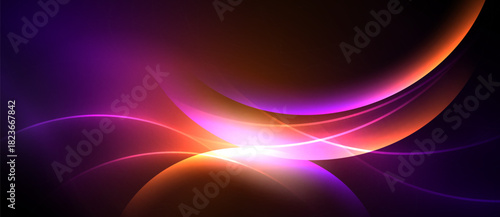 Abstract vibrant curves, flowing light. Purple, orange hues dominate dark background. Dynamic energy radiates from central glow.