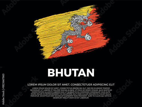 Flag of Bhutan. Bhutanese and Asian Culture. Vibrant, textured brushstroke effect style. Black background with copy space. Dramatic composition in negative space.