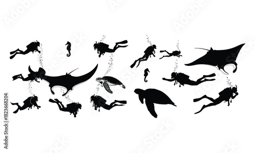 Underwater life silhouettes with divers, manta rays, turtles
