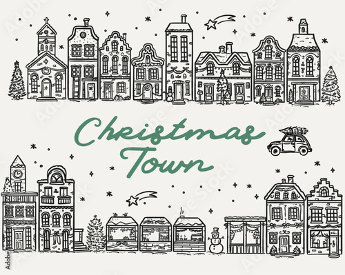 Christmas Town, handdrawn whimscial illustration, vector set of cute buildings