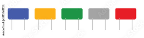 Set of Five Blank Colored Rectangular Road Signs on Poles