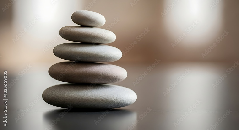 Fototapeta premium A stack of smooth, grey, and pinkish stones carefully balanced on a reflective surface, symbolizing balance and tranquility.