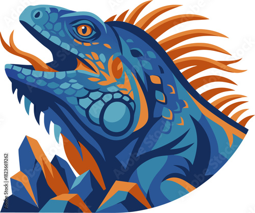 Striking blue iguana with bold orange spikes and textured scales, tropical reptile portrait showing calm confidence, strength, and exotic beauty in jungle wildlife