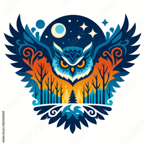 Majestic owl spirit with wide wings above glowing forest and moonlit sky, symbolizing guidance, mystery, wisdom, protection, and harmony between nature, magic, and dreams