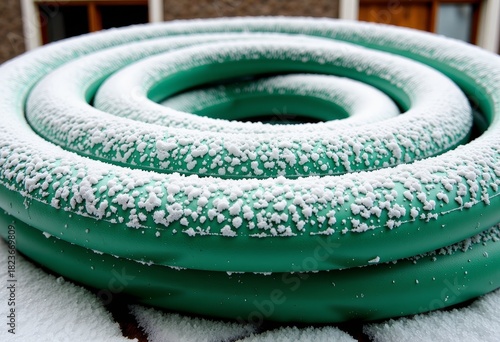 Close-up view of a bright green garden hose spiraled on the ground with a layer of fresh white snow covering it in a crisp winter scene