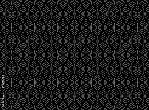 Traditional line art seamless on black pattern background.