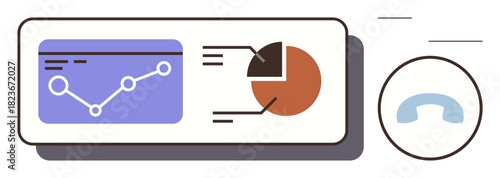 Graph with plotted points, segmented pie chart, and call icon. Ideal for data analytics, performance review, communication, financial report, teamwork, customer service simple flat metaphor