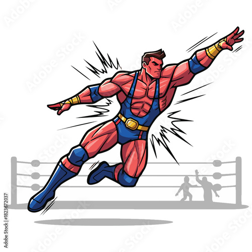 A muscular wrestler in a blue singlet with gold accents flies through the air from the wrestling ring. Rendered in a comic book style, the illustration depicts a dynamic, dramatic, and high-energy act