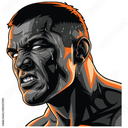 Illustration of a man with an angry face, intense expression, and sweat droplets, drawn in a bold cartoon style. Great for expressing determination, rage, or the physical effects of strenuous activity