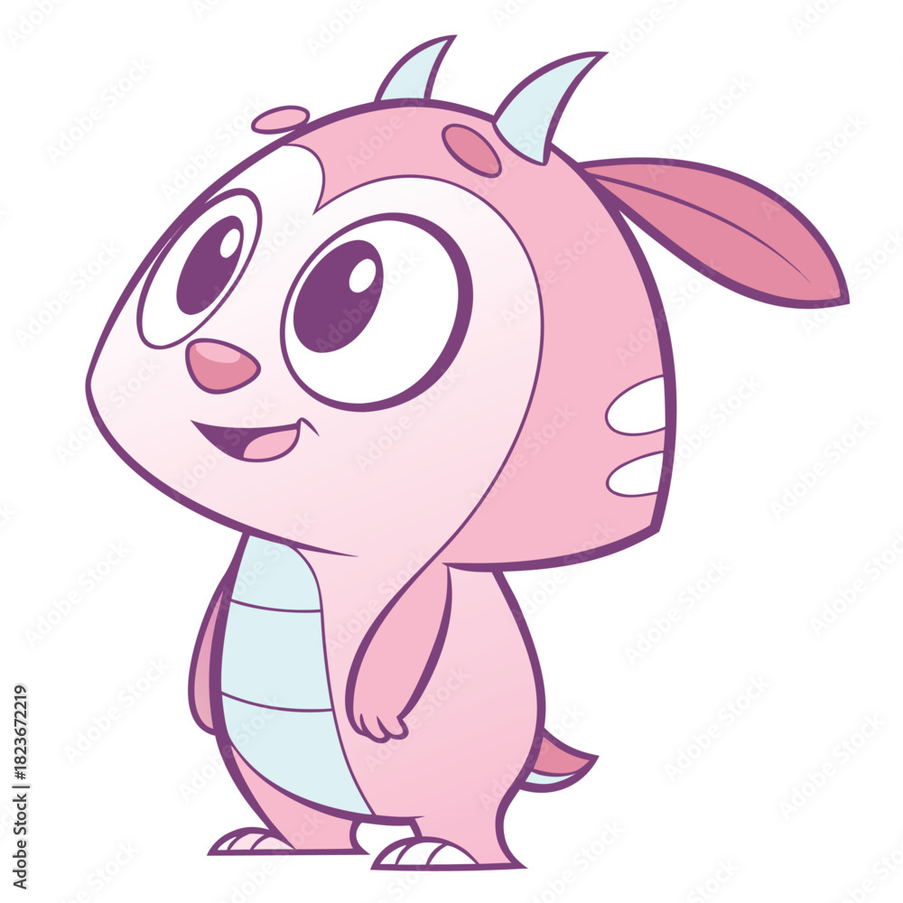 Fototapeta premium A charming pink cartoon creature with horns and large expressive eyes