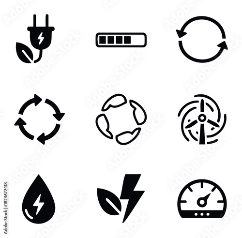 Set of environmental and energy icons including renewable energy symbols, charging indicators, and power sources for ecological concepts and sustainability projects