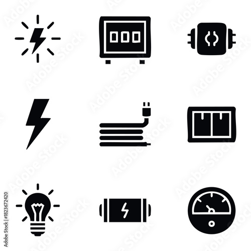Collection of electrical icons representing power, energy, charging, and measuring devices for use in technology and power related projects