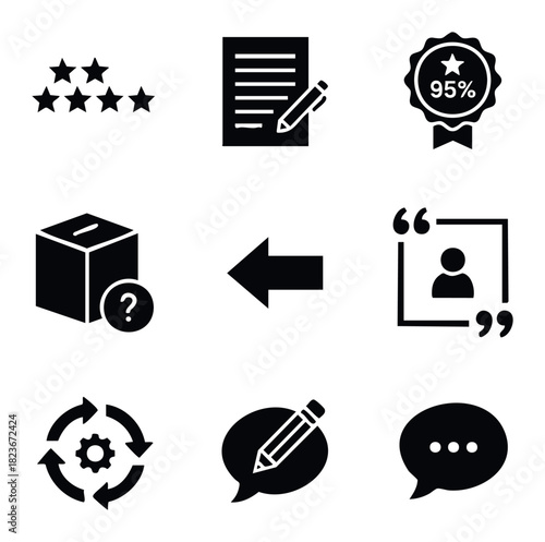 Collection of nine graphic icons representing communication feedback customer rating business process voting and document creation for digital and print media projects.